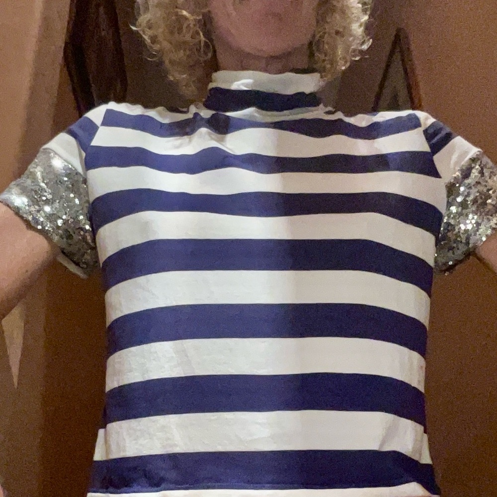 Price DROP Maeve Blue & White Short Sleeve with FUN Silver Sequin Sleeves